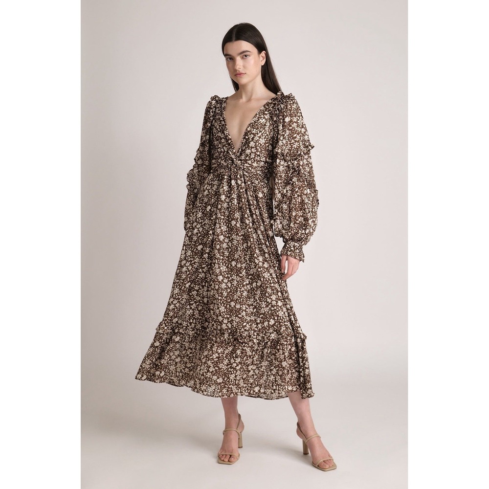 $395 Sabina Musayev Legend Dress XS Brown Gold Floral Ruffle Tiered Midi Cottage